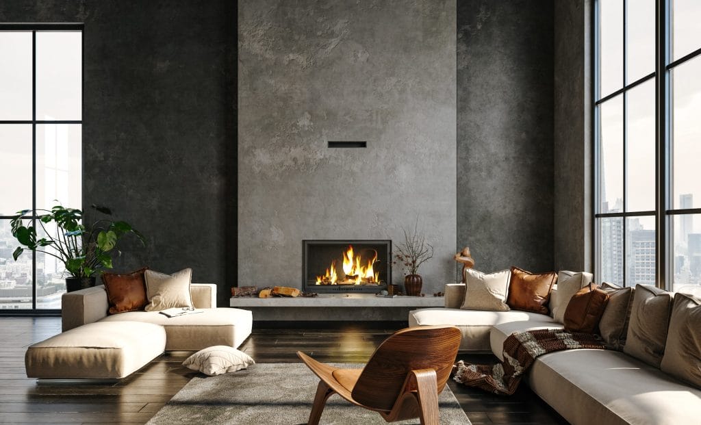 Stock image of a fireplace in use in a living room.