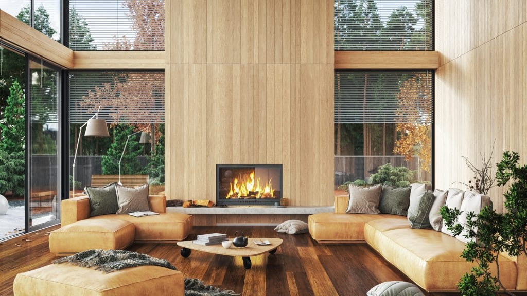 Stock image of a modern fireplace.